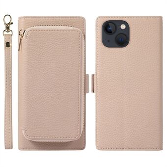 2-i-1 plånboksfodral för iPhone 14 Stötsäkert fodral Litchi Texture Magnetisk PU-läderfodral med dragkedja Stand /rem