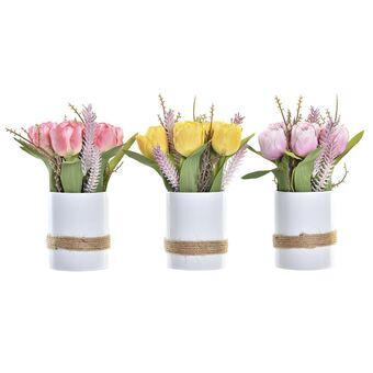 Dekorativa blommor DKD Home Decor Vas Keramik Rosa Tyg Fuchsia Vit Gul Tulpan (18 x 18 x 26 cm) (3 antal)