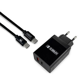 Väggladdare + USB A till USB C Kabel Subblim CARGADOR ULTRA RAPIDO 2xUSB DE PARED PD18W+2.4A + Cable C to C Negro