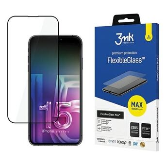 3MK FlexibleGlass Max iPhone 15 Plus 6.7" - svart, Hybrida glas med förstärkta kanter.
