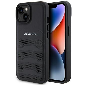 AMG AMHCP15MGSEBK iPhone 15 Plus 6,7" svart svart hårddskal i läder med präglade linjer.