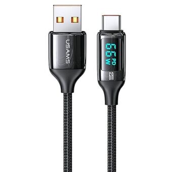 USAMS U78 USB-C 1,2 m LED 6A snabbladdningskabel Flätad svart/svart SJ544USB01 (US-SJ544)