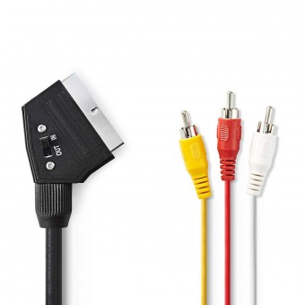 SCART-kabel | SCART He | 3x RCA hane | Nickelpläterad | Omkopplingsbar | 480p | 2,00 m | Runda | PVC | Svart | Blåsor