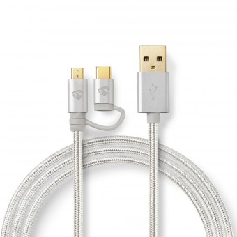 2 i 1 kabel | USB 2.0 | USB-A hane | USB Micro-B hane / USB-C™ hane | 480 Mbps | 1,00 m | Guldpläterad | Runda | Flätad | Aluminium | Täckfönsterlåda