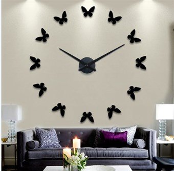 Stor modern 110x110 cm väggklocka med fjärilar