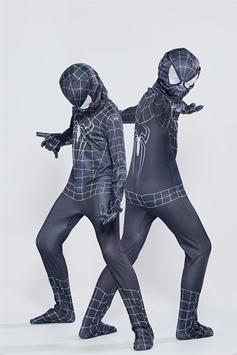 Spiderman Black Tight Kostym - Barn - Inkl. Kostym + Mask - Stor - 120-130 cm