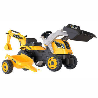 Smoby Builder Max grävmaskin pedaltraktor med släpvagn gul