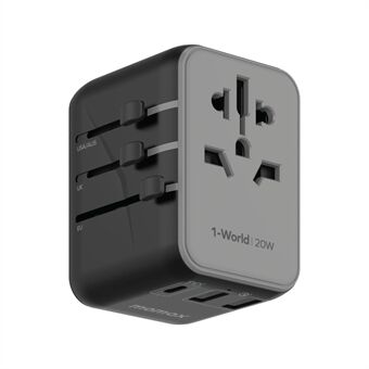MOMAX 1-World Universal Travel Adapter 20W PD snabbladdningsblock AC+1C+2A Worldwide Wall Charger