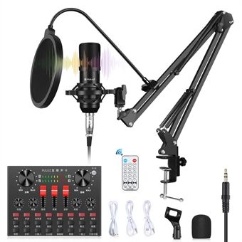PULUZ PKT3601B Sound Card Live Broadcast Bluetooth Sound Mixer Studio Microphone Kits with Suspension Scissor Arm and Metal Shock Mount