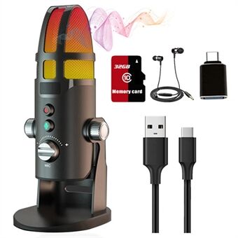 Metal Condenser Microphone with 3m Wired Headset Computer Mobile Phone RGB Light Microphone Built-in Sound Card for PS4 Live Streaming Recording (PC/Android Version + 32G Memory Card)