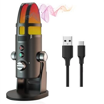 Metal Condenser Microphone Computer Live Stream Recording Microphone with RGB Light for PS4 Game Built-in Sound Card (PC Version)