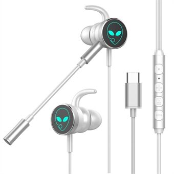 Typ-C-kontakt Trådbunden in-ear hörlurar RGB andningsljus E-sport Gaming Music Headset med Dual Mic - Silver
