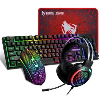 T-WOLF TF400 USB Wired RGB Rainbow Backlit Gaming Keyboard + Mouse + Gaming Headset + Mouse Pad Combo LED Backlit Wired Gamer Bundle for Gaming/Working