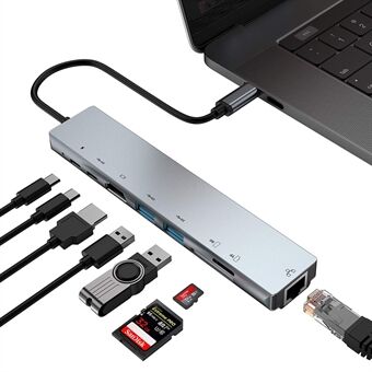WC7367 8 i 1 USB-C HUB Multifunktions SD/TF-kortläsare HDMI RJ45 USB PD Typ-C Dockningsstation Converter