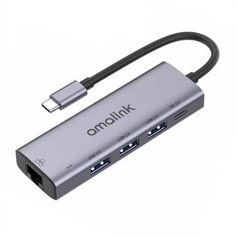 AMALINK 5 i 1 drivrutinsfri typ C Hub 2x USB 2.0 3.0 PD 3.0 RJ45 Lan-adapter