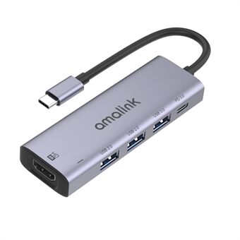 AMALINK AL-95123D 5 in 1 86W Strömförsörjning Typ C Hub 4K HDMI 2x USB 2.0 3.0 PD 3.0 Adapter för Mac OS X Microsoft Windows