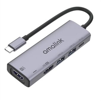 AMALINK AL-95126D 5 i 1 Typ C Hub 76W Strömförsörjning 2x HDMI+USB 2.0 PD 3.0 Adapter för bärbar mobiltelefon