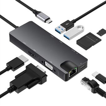 8 i 1 USB-C Hub Typ C till RJ45 / PD 100W Laddningsport / HD / Kortläsare / 3,5 mm ljudjack / VGA / 2x USB 3.0-port dockningsstation