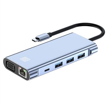 JUNSUNMAY JSM-HUB020 10-i-1 Typ-C Multi-Port Adapter Hub till 4K HD-videoutgång+87W PD-port+VGA+2xKortläsarplatser+USB 3.0+2xUSB 2.0+RJ45+3.5mm Aux-port
