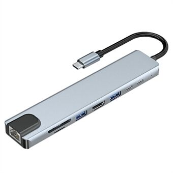 JUNSUNMAY JSM-HUB008 USB-C dockningsstation 8-i-1 typ-C-adapter med HD 4K-utgång, PD-laddare, USB 3.0, 2xUSB 2.0, RJ45 Ethernet, 2xkortläsare