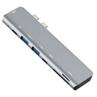 7 i 1 bärbar aluminiumlegering Dual Type-C Hub till USB 3.0 + USB C + USB + SD / TF-kortläsare Multiport Adapter Dongle för MacBook