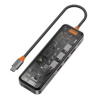 WIWU CB007 7-i-1 Typ-C Hub Multi-Port Dockningsstation USB-C till HD 4K, PD 100W, USB3.0, TF Kortläsare Adapter Metall Härdat glas Transparent Converter
