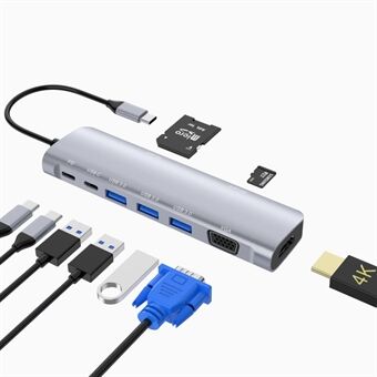 YSTC9048 9 i 1 Multi-port USB C Hub Bärbar höghastighets datasynkroniseringskonverterare USB C till USB3.0 TF SD-adapter Stöd för HDMI VGA