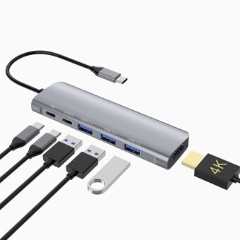 YSTC9038 6 i 1 multiports bärbar USB C Hub Adapter Höghastighets datasynkroniseringskonverterare kompatibel med HDMI/USB3.0/USB-C PD