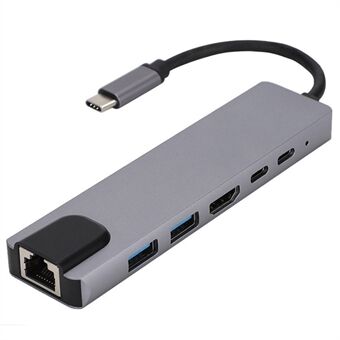 6-i-1 Type-C Hub multifunktionell dockningsstation 4K UHD USB-C Adapter till USB 2.0, 87W Type-C, 100 Mbps Ethernet