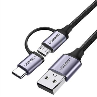 UGREEN 30875 1m 2 in 1 USB Cable 3A Fast Charging Cord USB2.0 to Micro USB + Type-C Data Cable Aluminum High-Speed Data Sync Transfer