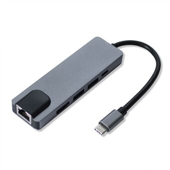 YSTC0206 5-i-1 USB C Hub till 4K-upplösning HD-video, 2 USB 3.0, Typ C-portar, 1000 Mbps Ethernet Extender