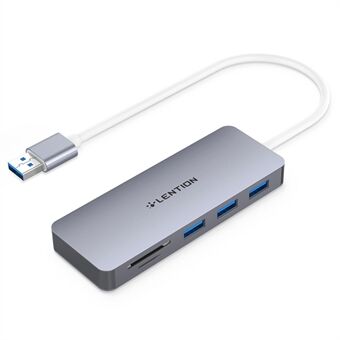 LENTION H15 USB-A Hub 3xUSB-A 3.0 Portar+2 Minneskortläsarplatser Aluminiumlegeringskonverterare
