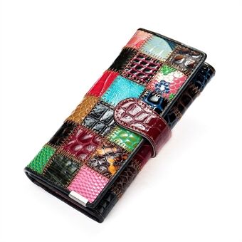 4202 Färg Splicing Mobiltelefon Clutch Damväska Top Layer Kohud Läder Tri-fold lång plånbok