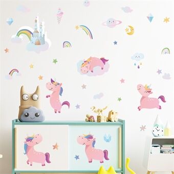 HY4020 4st/set tecknad rosa häst med regnbågar väggdekaler DIY väggmålning konstdekor för Kids flicka sovrum väggdekaler (ingen EN71-certifiering)