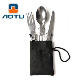 AOTU AT6387 Utomhus vikbar kniv i rostfritt Steel + gaffel + sked 3-i-1 set för camping, vandring etc.