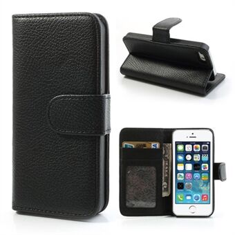 Litchi Skin Leather Card Holder Case w / Stand för iPhone 5 / iPhone 5S / iPhone SE 2013