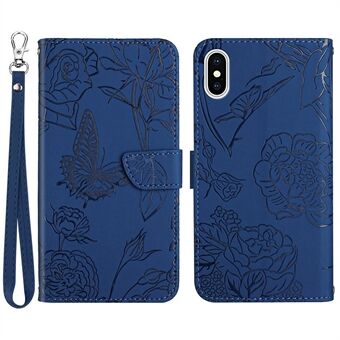 For iPhone XS/X  Butterfly Flower Pattern Imprinted PU Leather Phone Case Folding Stand Skin-touch Feeling Anti-dust Wallet Phone Shell with Wrist Strap