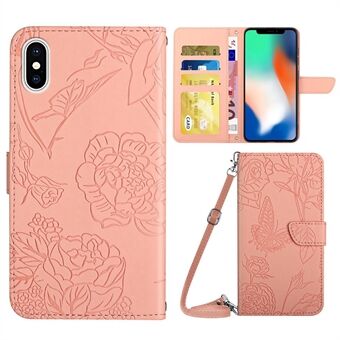 For iPhone X/XS  Imprinting Butterflies Flower Pattern PU Leather Wallet Stand Phone Case with Shoulder Strap