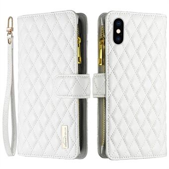 BINFEN COLOR BF Style-15 för iPhone X / XS s helt skydd Telefonfodral Stand Plånbok Matt PU-läder Rhombus tryckt skal med blixtlåsficka