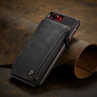CASEME C20 Zipper Pocket Card Slots PU-läderbelagd TPU-fodral för iPhone 8 Plus/7 Plus - Svart