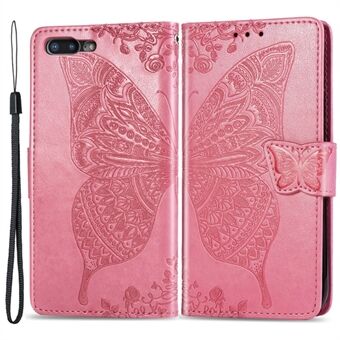 For iPhone 7 Plus / 8 Plus  Butterfly Flower Pattern Imprinted PU Leather Magnetic Flip Cover Viewing Stand Hand Strap Wallet Purse Case with Strap