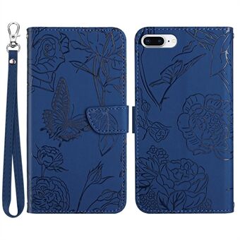 For iPhone 8 Plus/7 Plus  Skin-touch Feeling PU Leather Cell Phone Case Bag Butterfly Flower Pattern Imprinted Flip Wallet Phone Cover with Wrist Strap