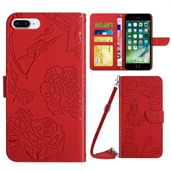 For iPhone 7 Plus/8 Plus  Butterfly Flowers Imprinting Bump Proof PU Leather Phone Shell, Pattern Imprinting Design Wallet Stand Case with Shoulder Strap