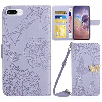 För iPhone 7 Plus  / 8 Plus  Butterfly Flowers Imprinted Phone Stand Case Rhinestone Decor PU-läderplånbok Skin-touch-fodral med axelrem