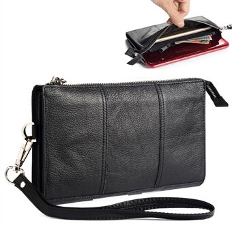 s universell telefonväska äkta läderväska dragkedja bärbar handväska med rem för smarttelefoner - svart