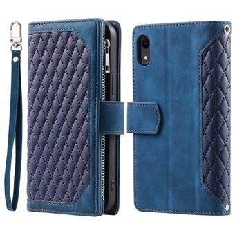 005 Style Zipper Pocket Phone Cover för iPhone XR , Rhombus Texture Stand Plånbok PU-läderfodral med handledsrem