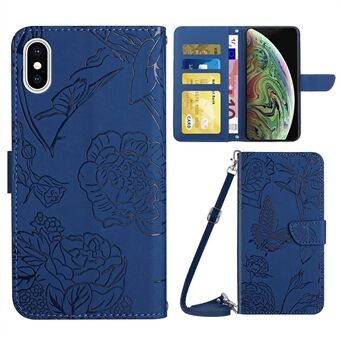 For iPhone XS Max  Skin-touch Leather Cover Imprinting Butterflies Flower Pattern Wallet Stand Phone Case with Shoulder Strap