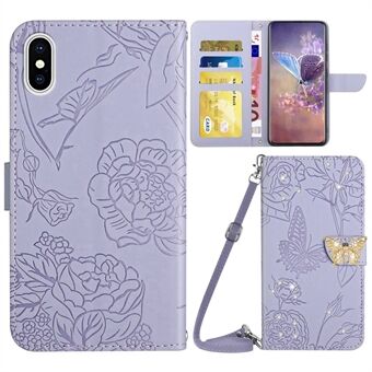 För iPhone XS Max  Butterfly Flowers Imprinte Rhinestone Decor Telefonskydd Plånbok Stand Läderfodral med axelrem