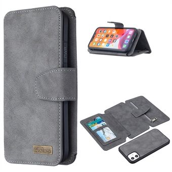 BF07 Avtagbart matt läder blixtlåsficka plånboksfodral till iPhone 11 - Grå