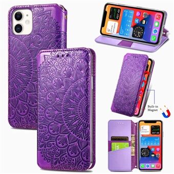 Imprinted Mandala Flower Pattern Auto-absorbed PU Leather Case Stand Wallet for iPhone 11 